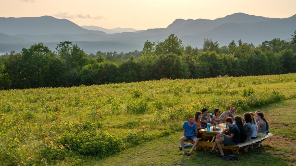 Teens sitting at a picnic table in a grassy meadow with mountains in the distance during the Maine Explorer Summer Travel Program for Teens.