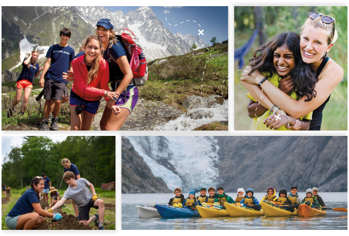 Collage showing campers hiking in the mountains, kayaking on glacial lakes, participating in stewardship activities, and building strong friendships during multi-day expeditions.